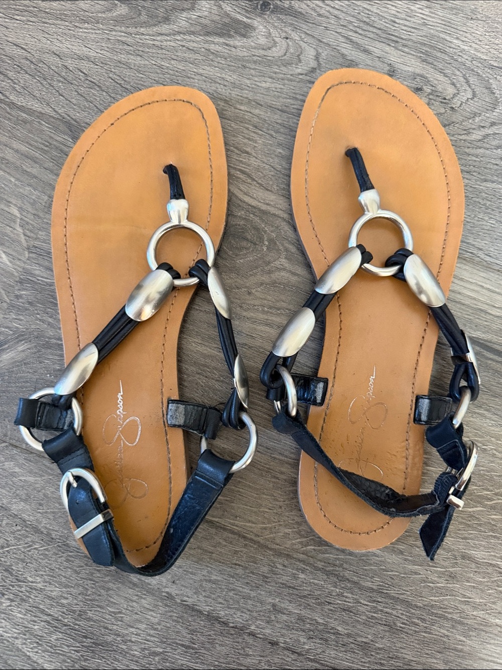 Jessica Simpson Black Strappy Sandals with Tan Footbed- Size 9.5